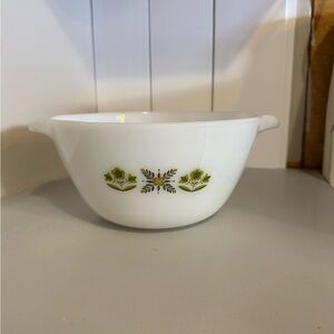Vintage White Bowl with Green Floral Design